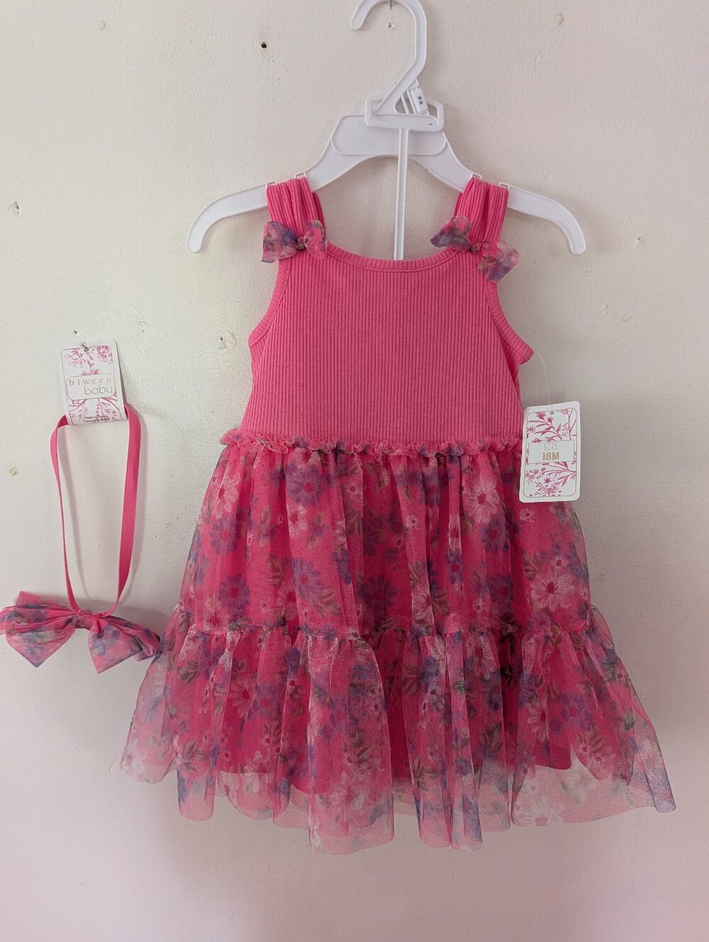 NWT Baby Girl 18M Pink Ribbed-bodice Floral Tulle Party Dress with Matching Bow